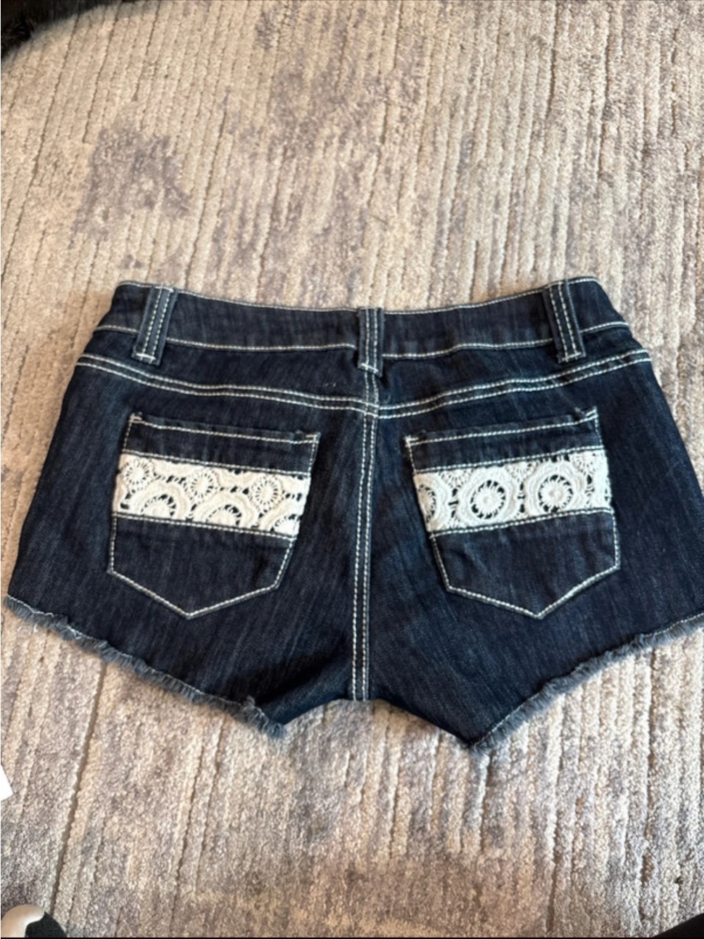 Empyre Dark Denim Shorts with White Lace Pocket Trim